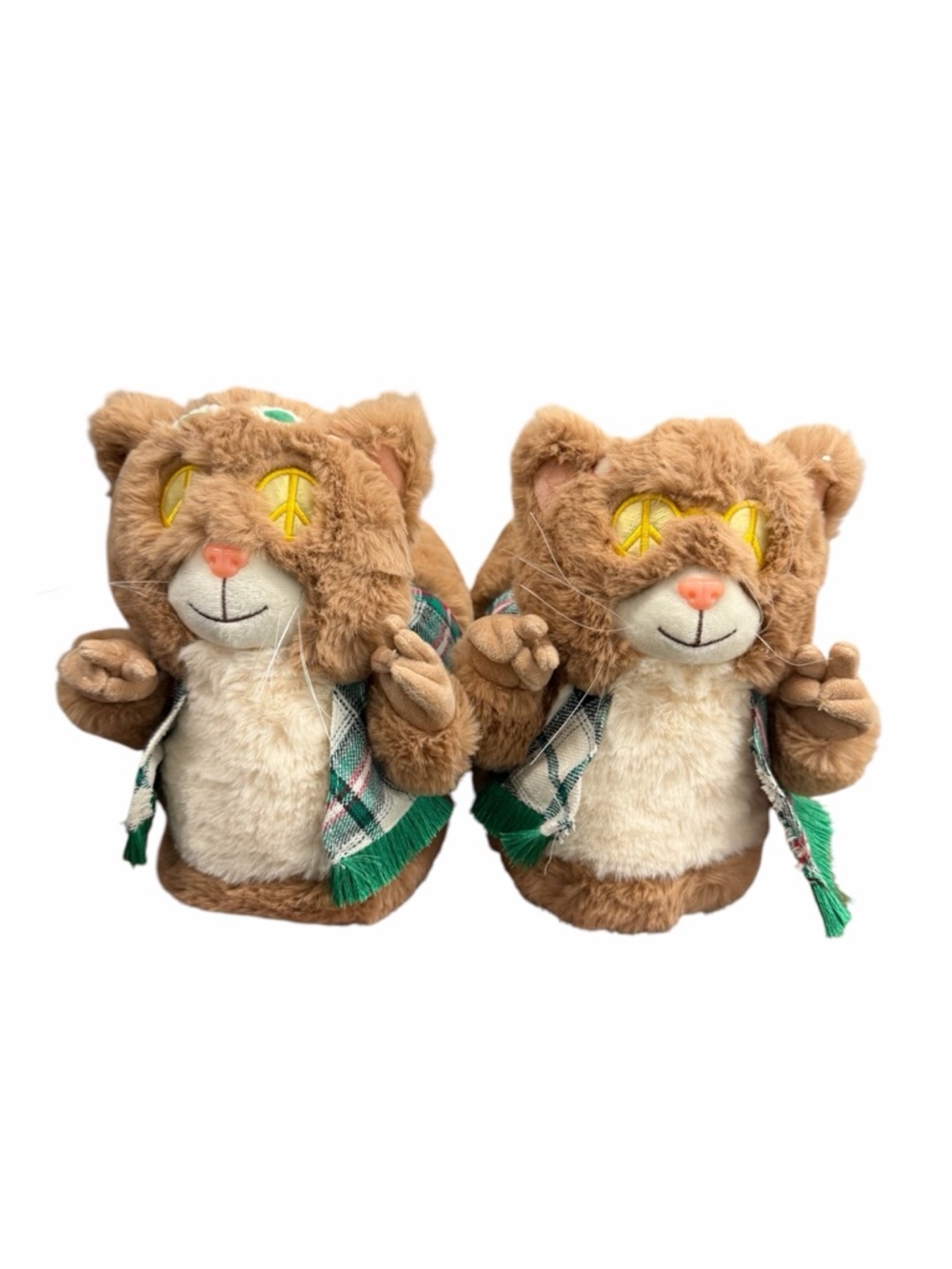 American Eagle Outfitters Brown Plush Cat Slippers with Green Accents